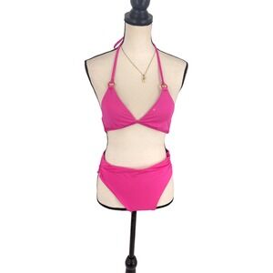 Trina Turk Hot Pink Halter Bikini Set Gold Ring Detail Ruched High Waist  Size 2